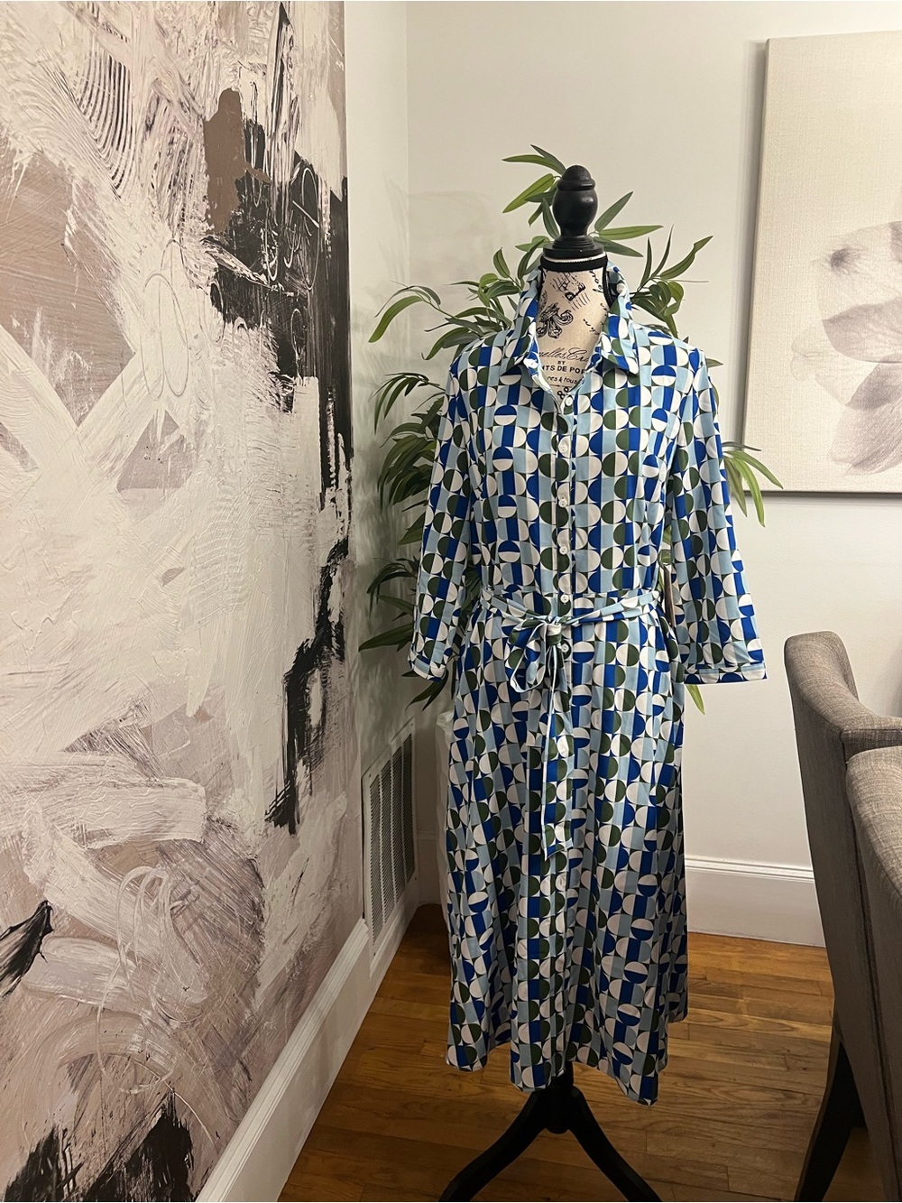 Blue & Green Geometric Midi Shirt Dress with Self-Tie Waist
